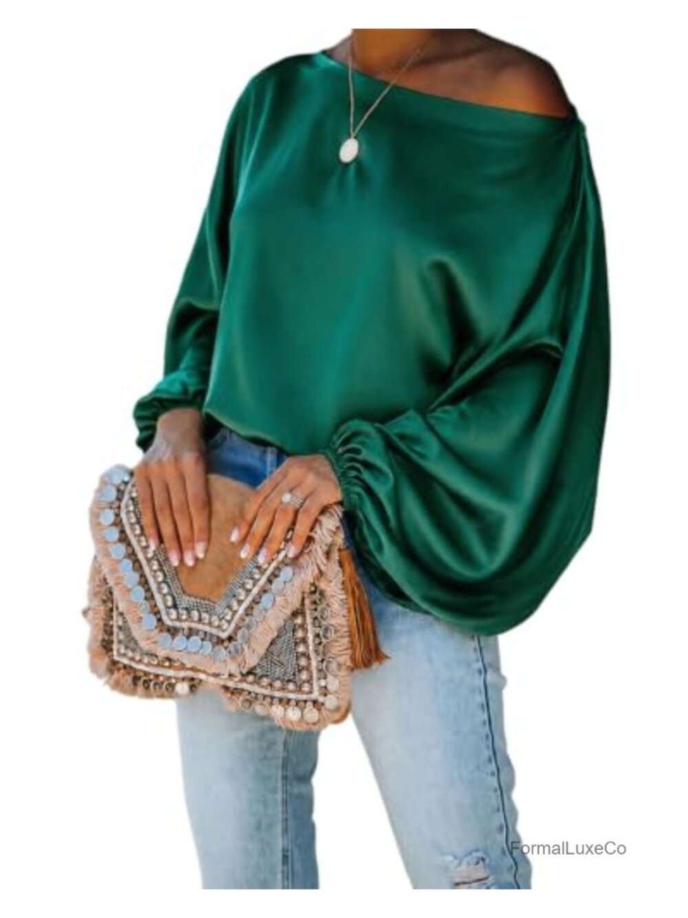 Satin Off Shoulder Blouse Skew Neck Lantern Sleeve Top